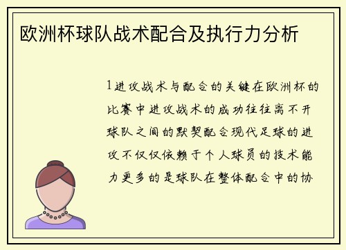 欧洲杯球队战术配合及执行力分析