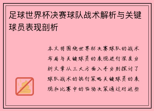 足球世界杯决赛球队战术解析与关键球员表现剖析